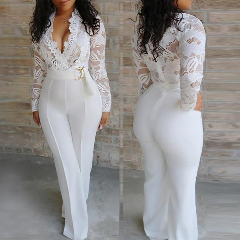 Women Sexy V-neck Lace Stitching Jumpsuits Women Sexy V-neck Lace Stitching Jumpsuits