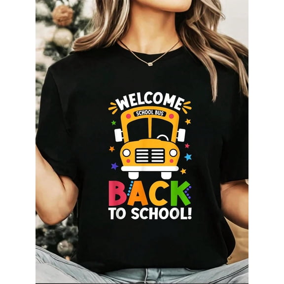 Retro Welcome Back To School Funny School Bus Students T-Shirt 100%Cotton Top For Women Graphic Tees Suitable For All Seasons