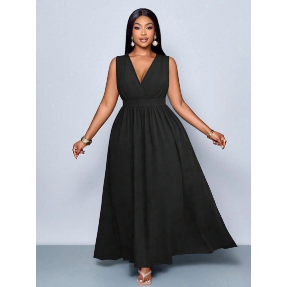 Plus Size Black Solid Cross Deep V-Neck A-Line Maxi Dress Loose Casual Flowy Everyday Wear