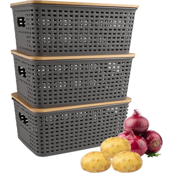 Pethiy 3-Piece Storage Set with Bamboo Lids, Ventilated Potato & Onion Bins with Handles, Pantry Organizer for Vegetables, Fruit & Snacks