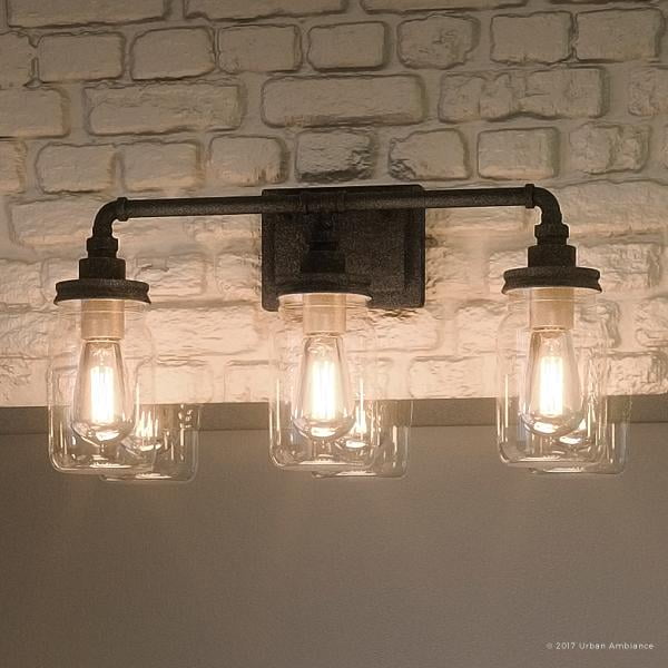 Urban Ambiance Luxury Industrial Bathroom Vanity Light Medium Size 11 H X 21 5 W With Provincial Elements Aged Pipe Design Antique Black Finish And Clear Mason Jar Uql2662 Com Industrial Bathroom Vanity Light, Bathroom Light Fixture Size