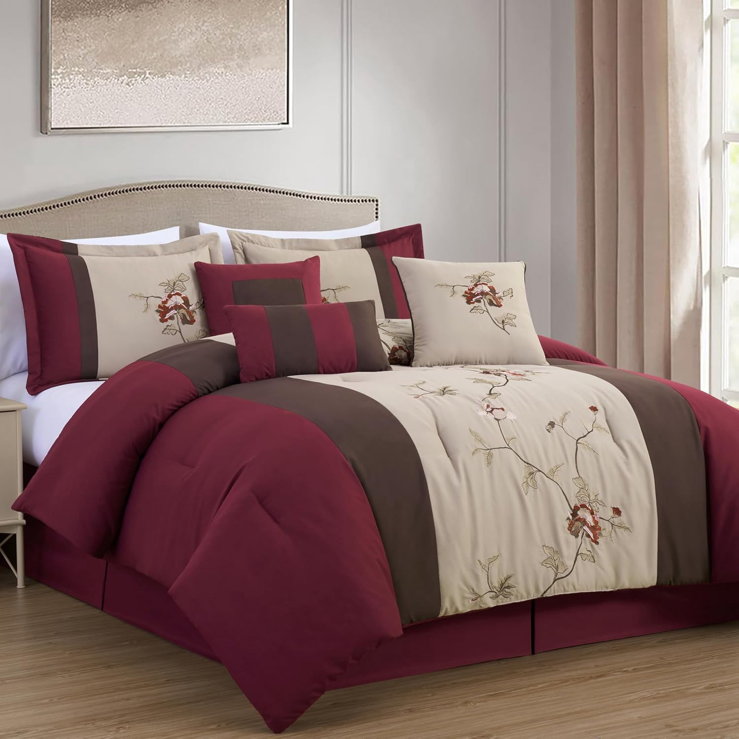 Chezmoi Collection Floral 7 Piece Comforter Sets, Full with Shams, Bed Skirt, Cushions, Breakfast Pillow