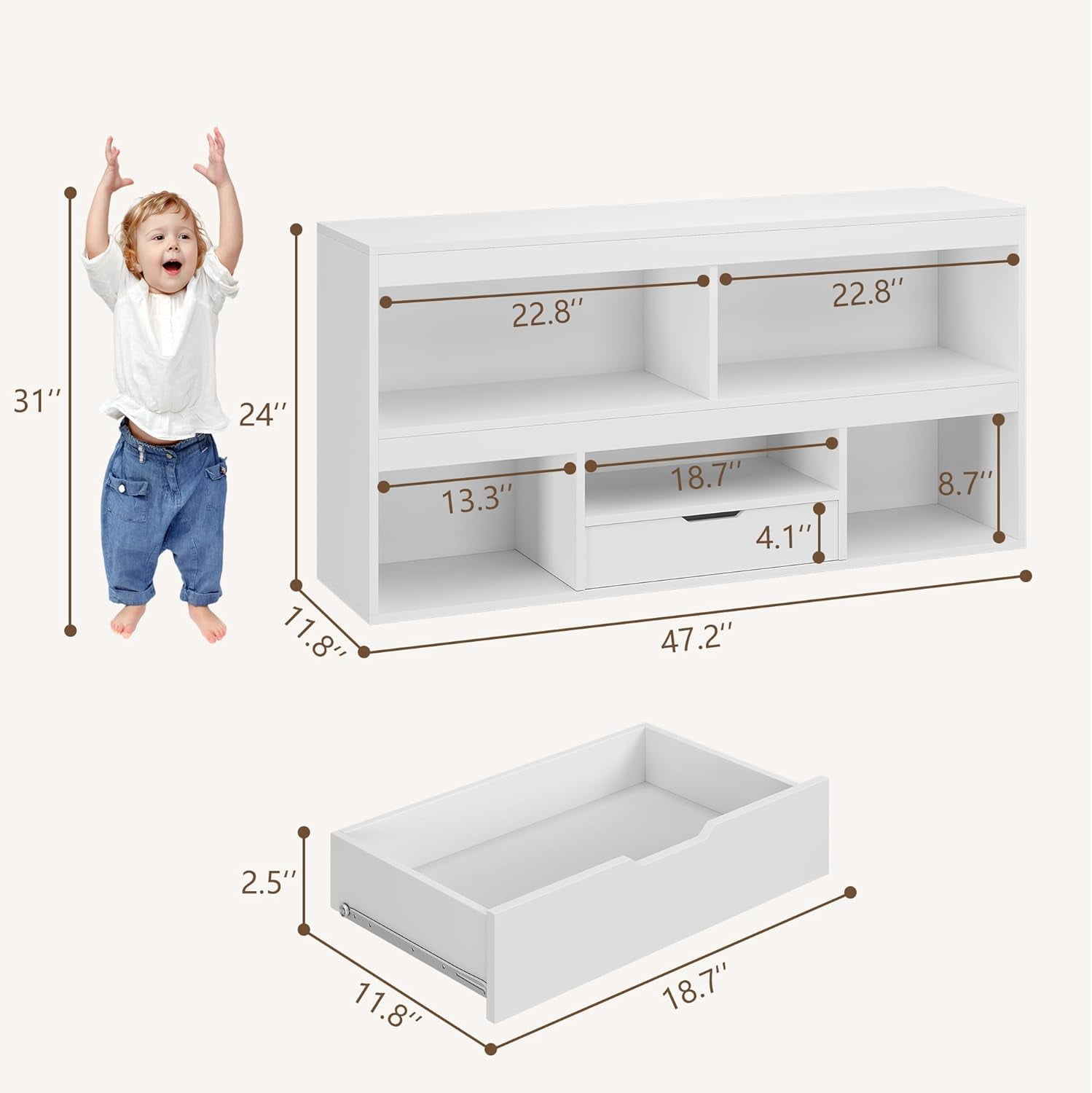 Ataucjin Wooden Storage Cabinet Toy Storage Organizer with Drawer 6-Compartment Playhouse Shelves Cabinet Boys Girls Toy Chest for Playroom, Classroom, Nursery, Kids Room