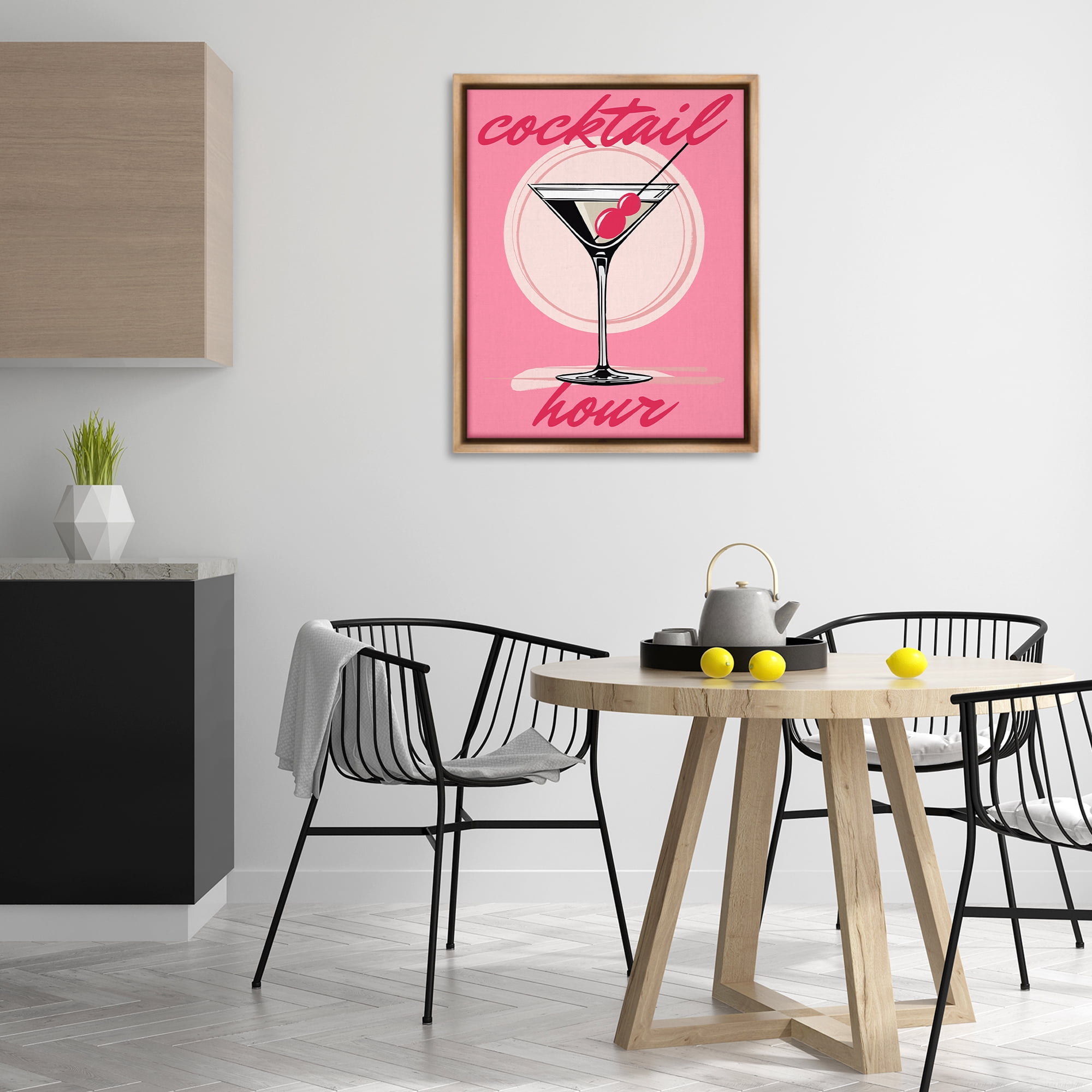 Stupell Industries Cocktail Hour on Pink Food & Beverage Painting Brown Floater Framed Canvas Art Print Wall Art, 25 x 31