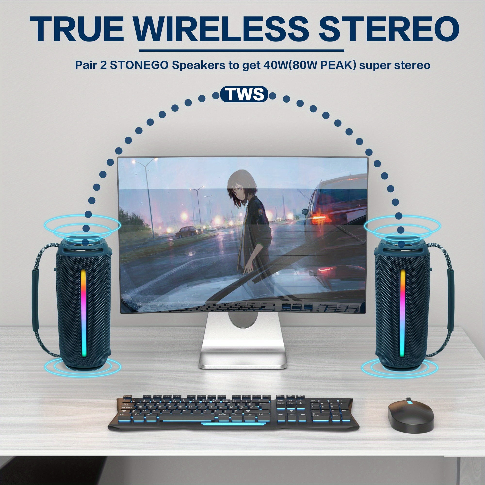 STONEGO Portable Handheld Bluetooth Speaker, Bluetooth 5.3 Wireless RGB Flash Dual Speakers, TWS Heavy Bass Stereo, IPX6 Waterproof, USB-C Charging, 3000mAh Battery, with FM Mode