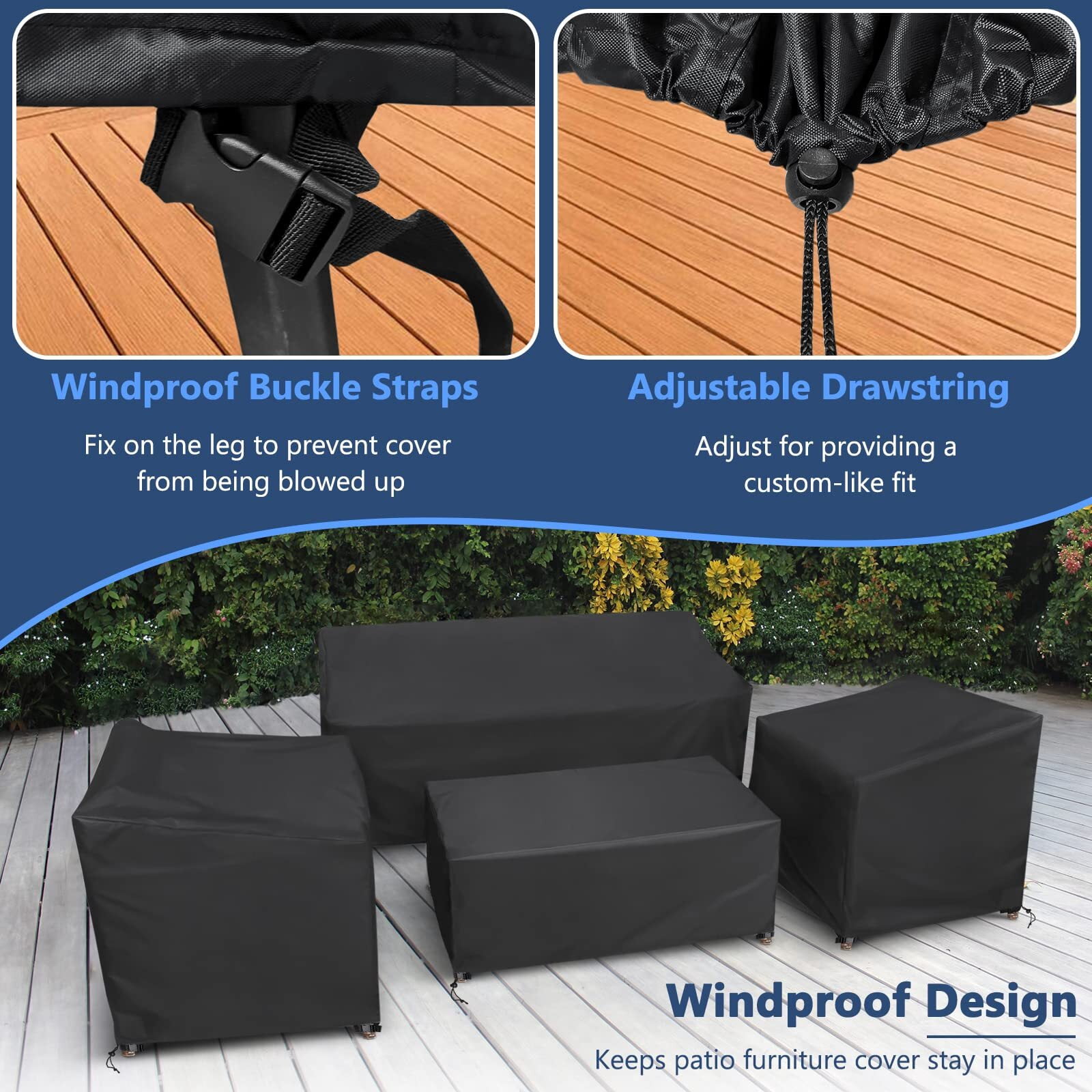 Heavy Duty Waterproof 4-Piece Patio Furniture Covers, Windproof Outdoor Chair & Sofa Protector with Buckle Straps for Rattan Sets, Black