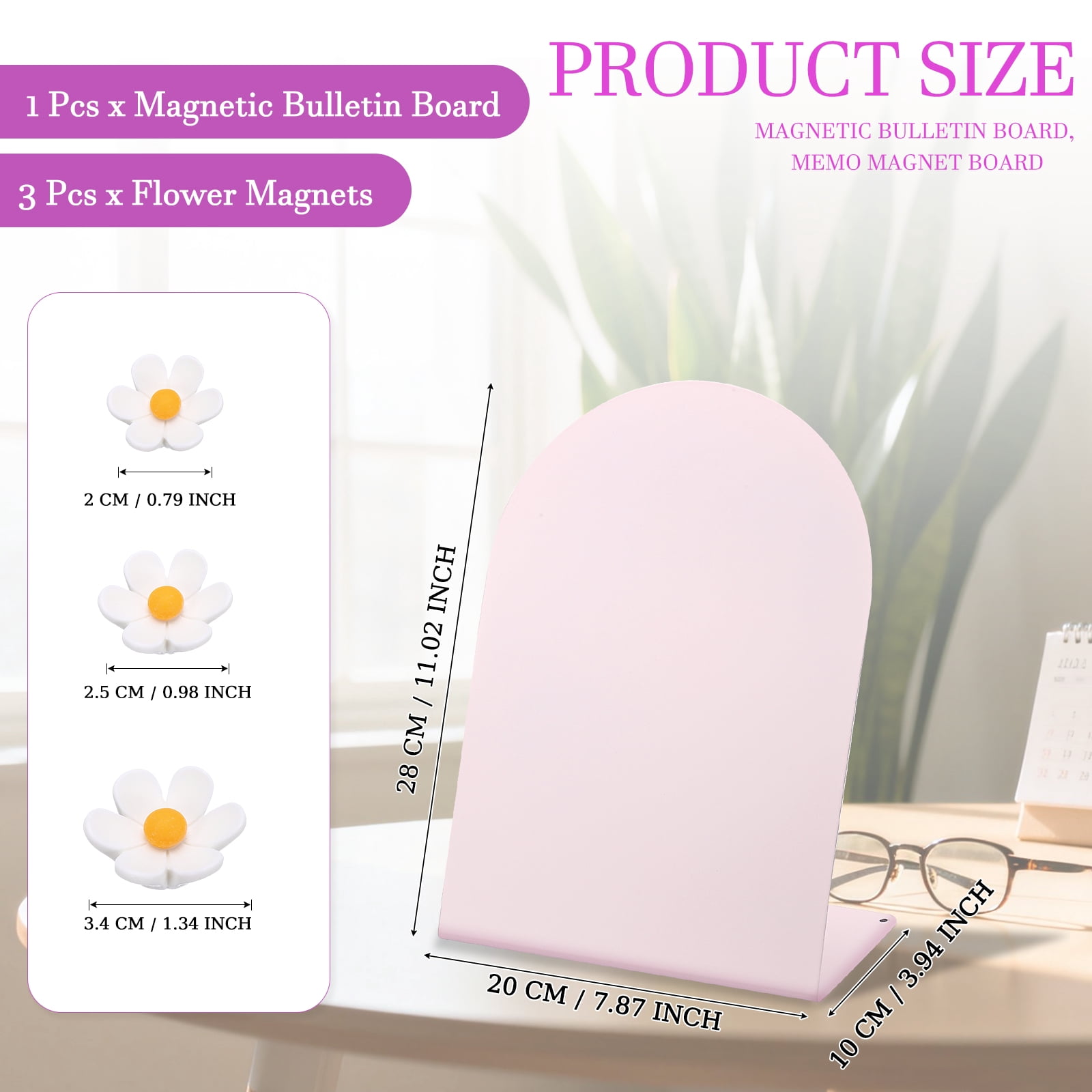 Uxcell Magnetic Bulletin Board, Memo Magnet Display Stand Board with 3 Flower Magnets for Home Office Kitchen, Pink/White