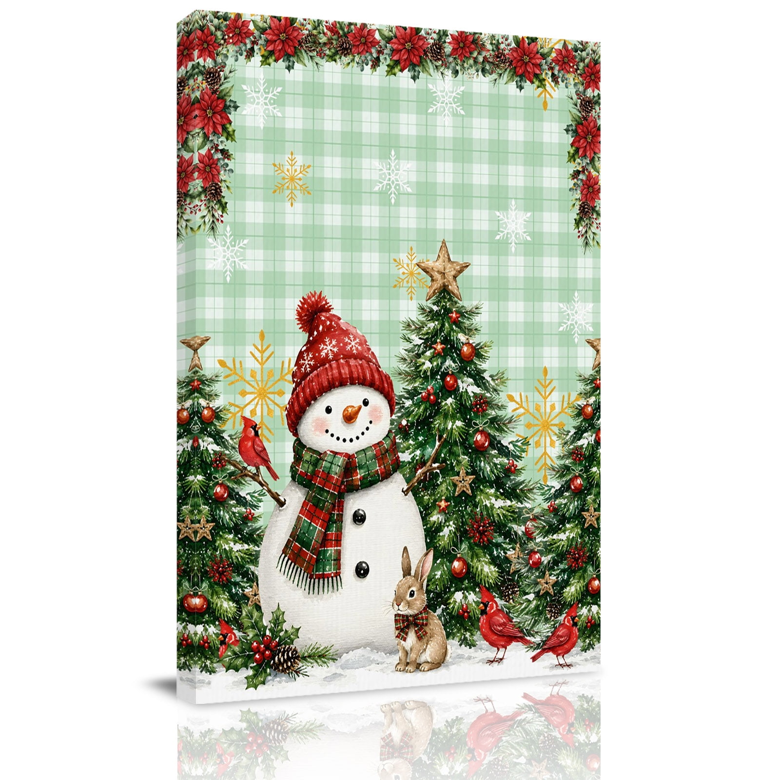 Canvas Wall Art Green Christmas Framed Canvas Prints for Living Room Bedroom Xmas Snowman Trees Snowflake Cardinal Plaid Extra Large Gallery Wrapped Wall Decor for Home Office Gifts 24 x36