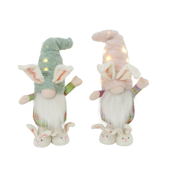 17 Inch Lighted Fabric Standing Easter Bunny Gnomes Set of 2