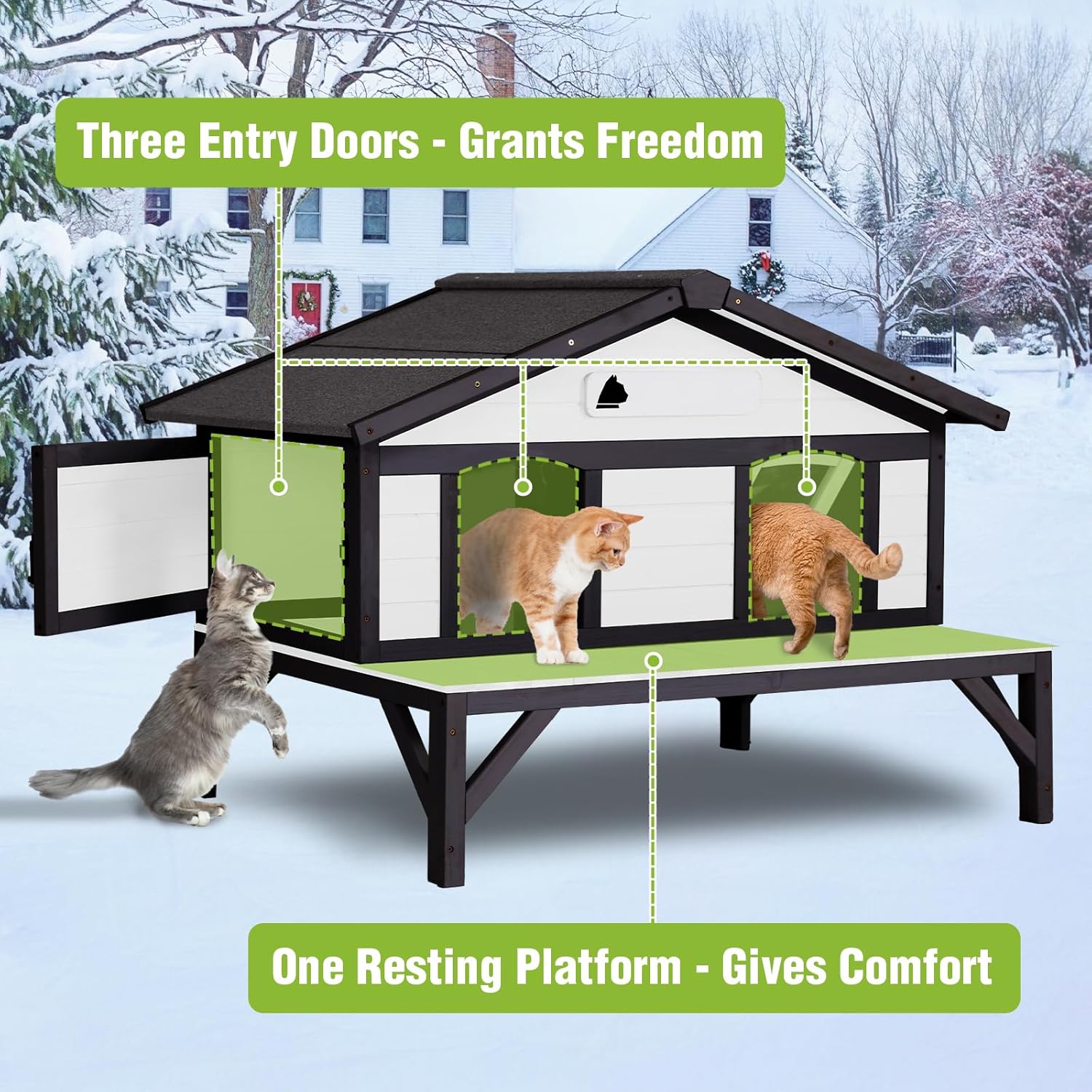 MEDEHOO Heated Cat House for Outside, Outdoor Cat House Weatherproof Insulated Feral Cat Shelter with Anti-Chewing Electric Heating Pad, Elevated Base & DIY Nameplate, 43.5" L(Black and White)