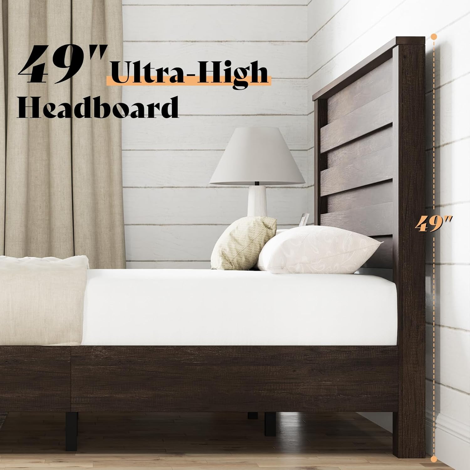 LUXOAK King Size Bed Frame with Natural Wood Platform, 49" Fluted Headboard, Grey