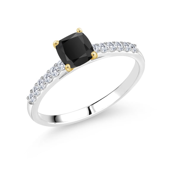 Gem Stone King 0.71 Ct Black Onyx E-F Lab Grown Diamond 925 Silver and 10K Yellow Gold Ring (Size 5)