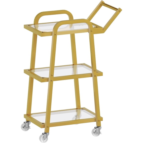 3 Tier Gold Bar Cart - Rolling Home Bar Serving Cart with Wheels, Mobile Drink Trolley for Kitchen Garden Party