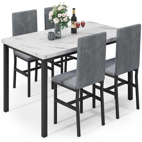 Cvortll 5-Piece Dining Table Set for 4, Modern Faux Marble Dining Table with 4 Velvet Chairs, White & Grey