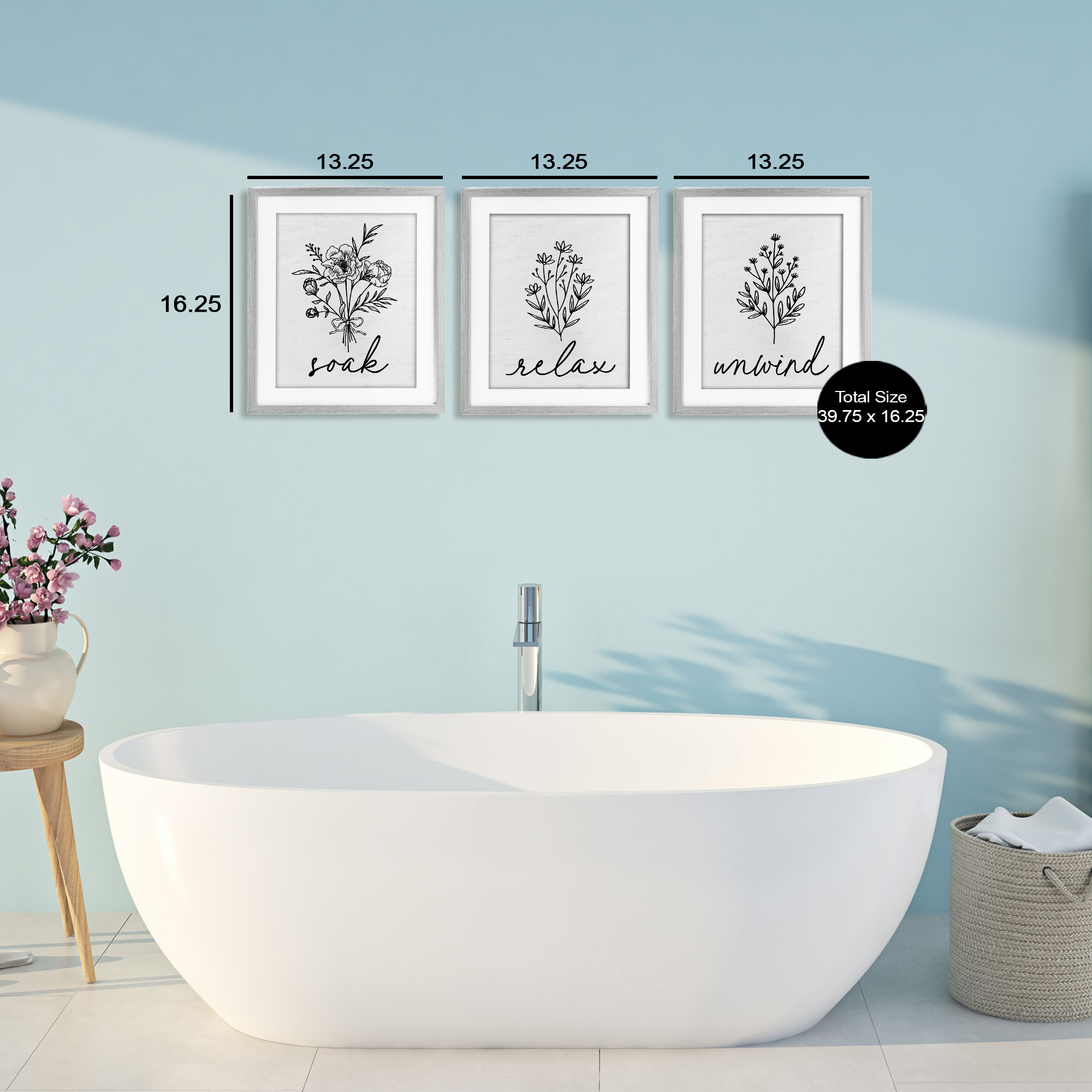 Bathroom Herbs for Relaxation 3 Piece Gray Framed Print Under Glass Set, design by Lettered and Lined
