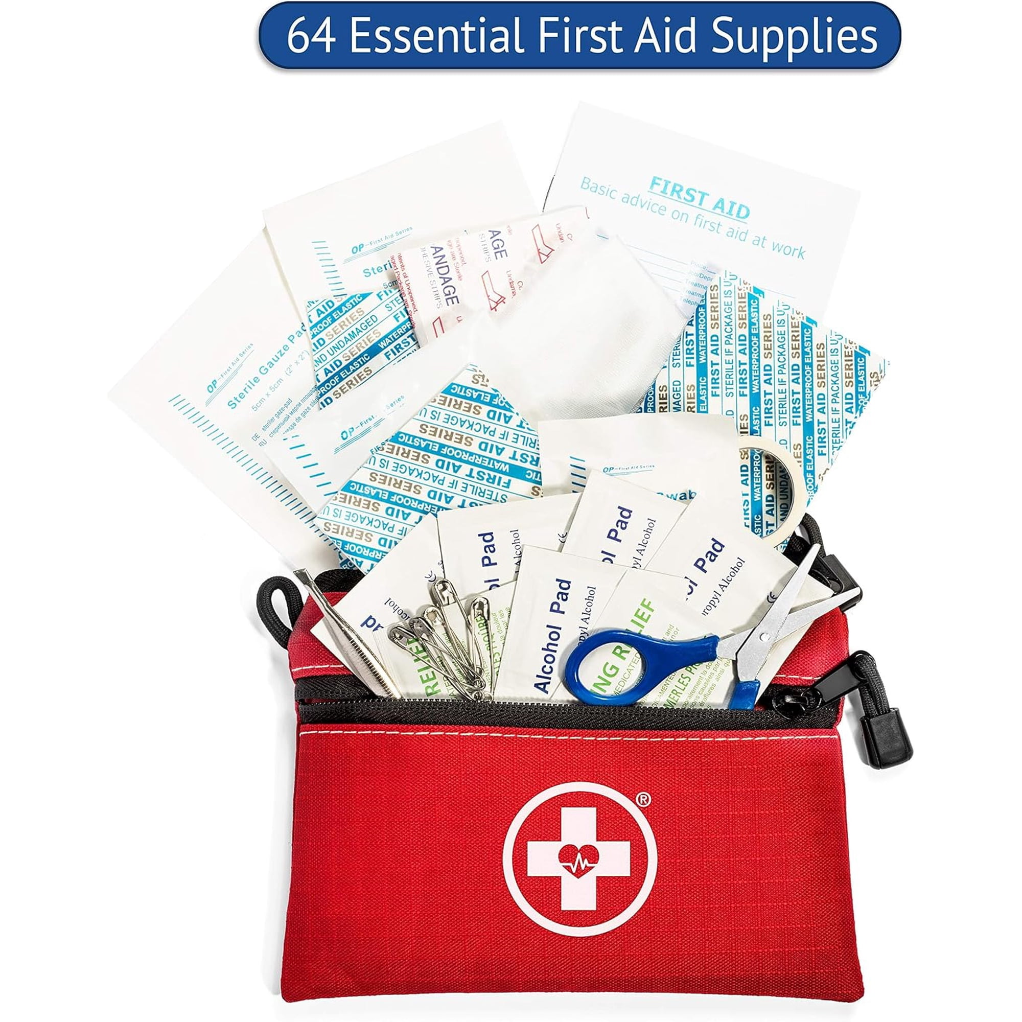 Swiss Safe 2-in-1 First Aid Kit for Car, Travel & Home, Businesses - Bonus Mini Kit for Medical Emergency Aid, Survival, Camping - 64 Piece, Travel FAK