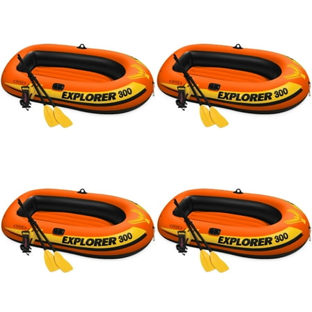 Intex Explorer 300 Compact Inflatable 3 Person Raft Boat w/ Pump & Oars (4 Pack)