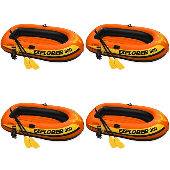Intex Explorer 300 Compact Inflatable 3 Person Raft Boat w/ Pump & Oars (4 Pack)