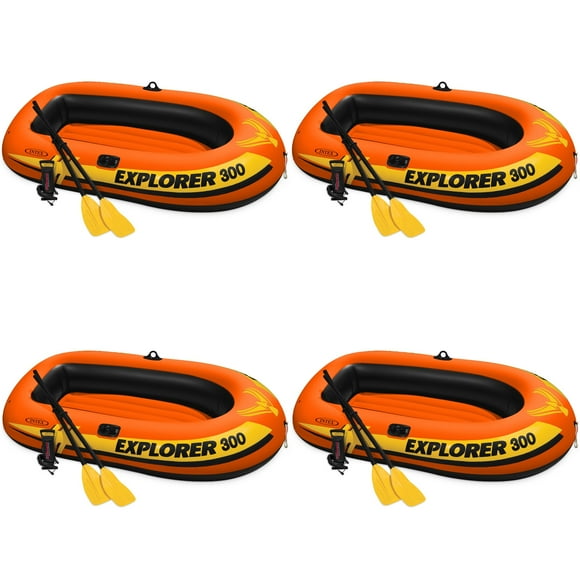 Intex Explorer 300 Compact Inflatable 3 Person Raft Boat w/ Pump & Oars (4 Pack)