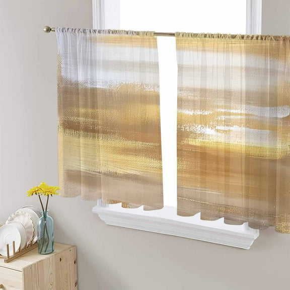 Gold Brown Semi Sheer Curtains 54 Inch Length 2 Panels Set, Abstract Modern Minimalist Smear Art Ombre Sheer Kitchen Curtain Privacy Voile Window Curtain for Living Room Bedroom Rod Pocket Drapes