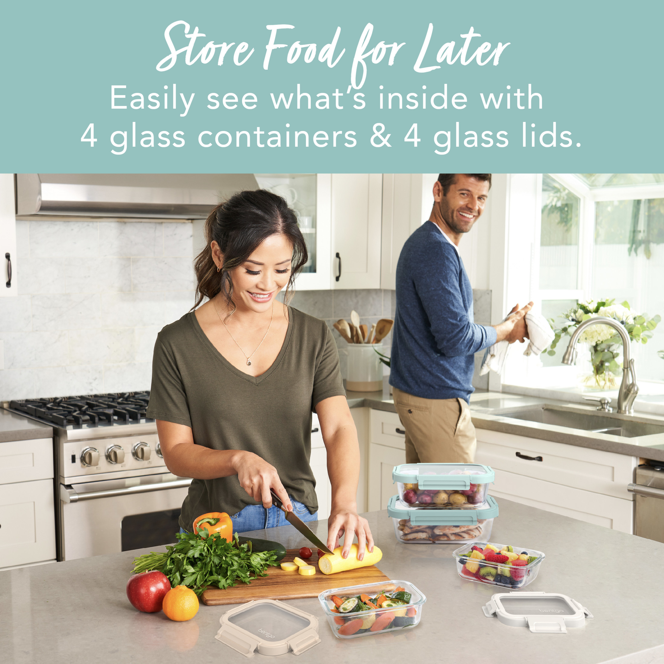 Bentgo® Glass Leak-Proof Food Storage Set - 8 Piece Stackable 1-Compartment Meal Prep Containers & Airtight Locking Lids, Reusable, BPA-Free, Microwave, Freezer, Oven, Dishwasher Safe (Coastal Beach)