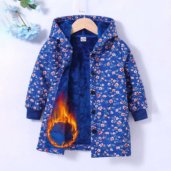 Homenesgenics Winter Coat Winter Clothes Winter Children's Long-sleeved Hooded Mid-length Floral Print Casual Girls' Fleece Jacket Blue 7 Years