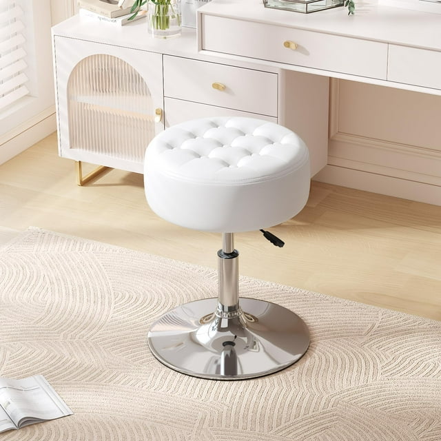 Taburete otomano de maquillaje Furniliving, de mediados de siglo, con capitoné, giratorio, blanco