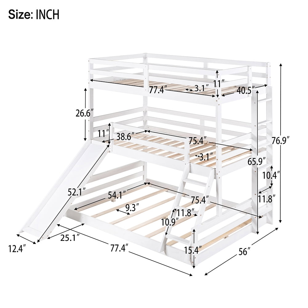 Kadyn Twin over Twin over Full Triple Bunk Bed with Convertible Ladder and Slide,White