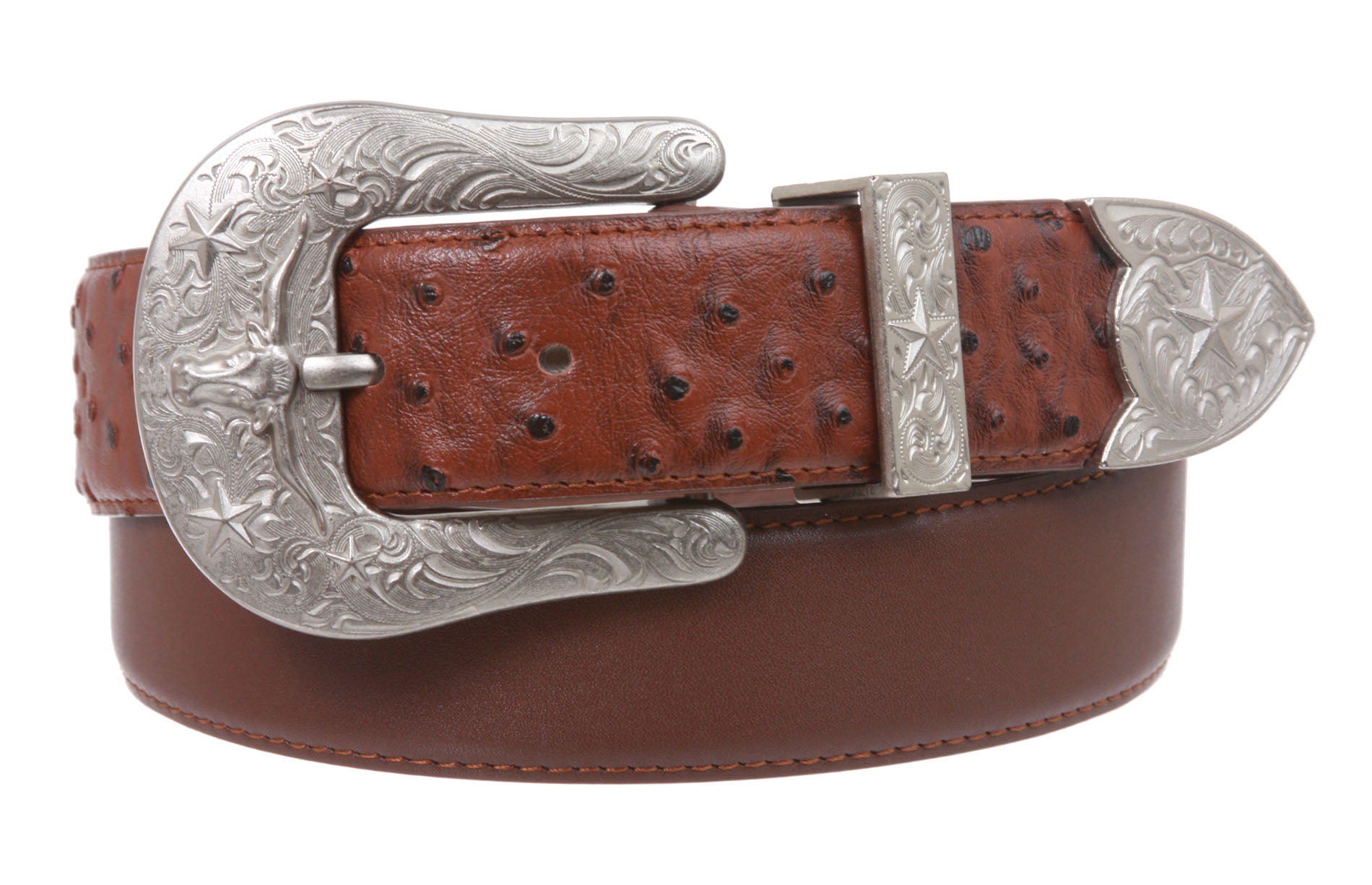 Beltiscool Western Faux Ostrich Print StitchingEdged Leather Belt