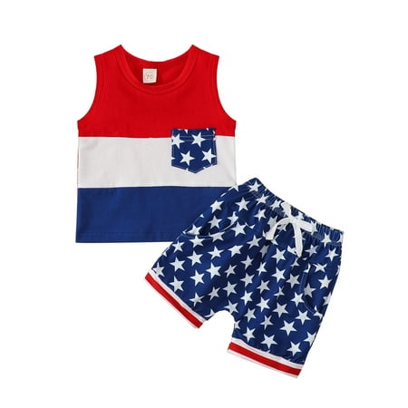 

GXFC Infant Baby Boys 4th of July Outfits Sleeveless Stripe Print Tank Tops+Star Print Shorts Set Newborn Boys Independence Day Summer Clothes 2Pcs 0-24Y