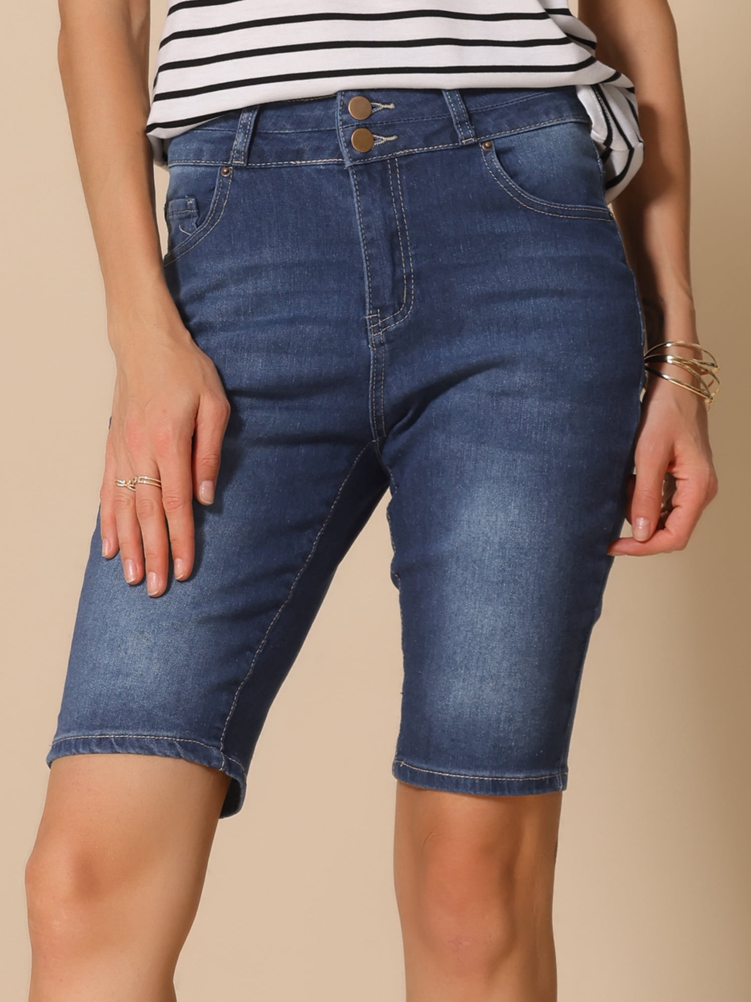 DARING DIVA Women's Mid Rise Waist Denim Bermuda Shorts with Pockets XS Blue