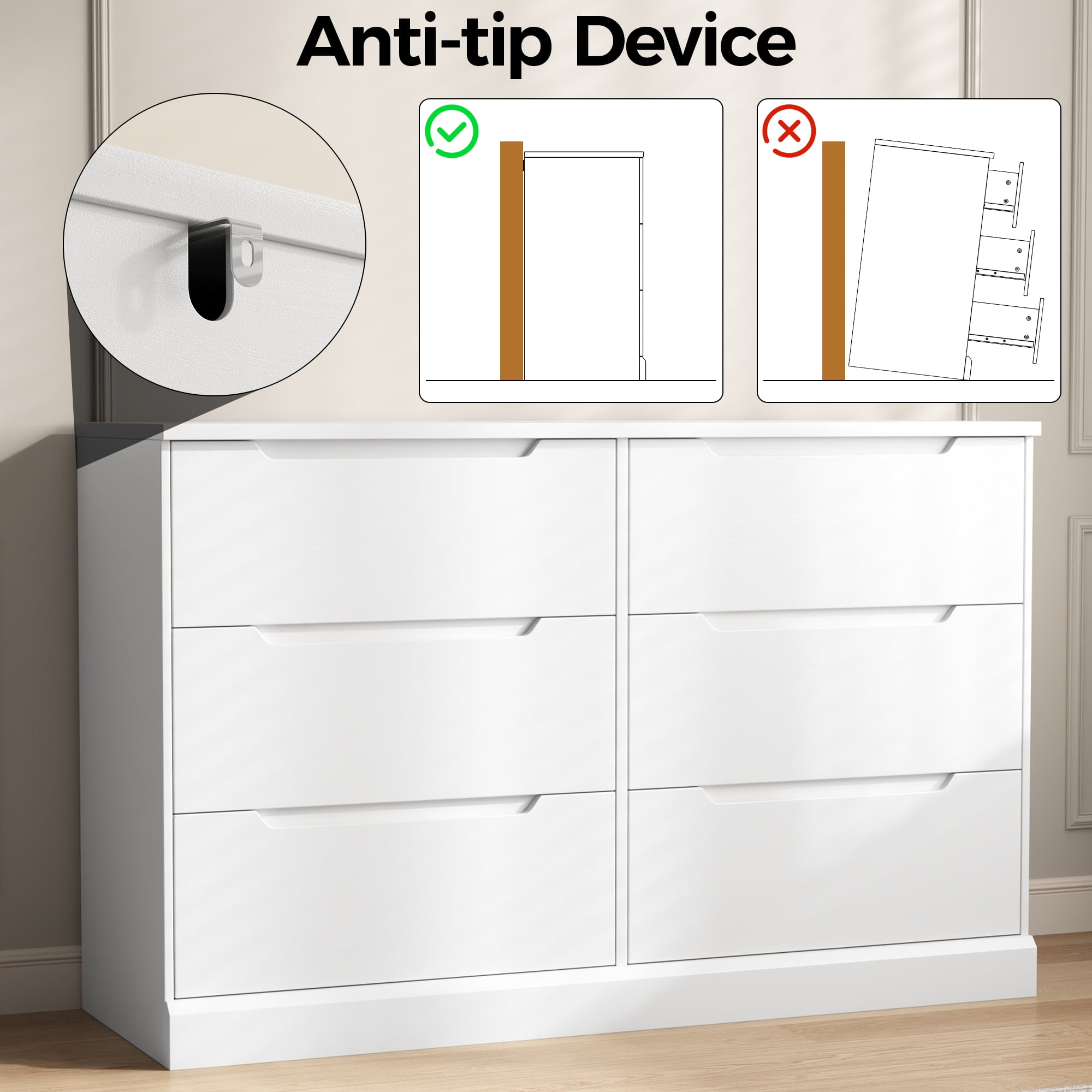 White Dresser 6 Drawer Dresser for Bedroom Modern Wooden Closet Double Dresser Closet Living Room Hallway Entryway Dressing Room