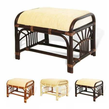 Cushioned Ottoman - SK New Interiors Krit Ottoman Footstool ECO Natural Rattan Wicker w/ Cream Cushion, Dark Brown
