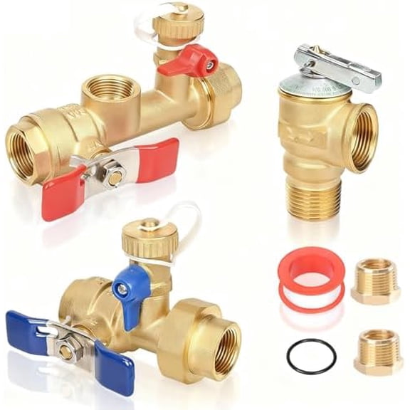 Upgrade 3/4 Inch IPS Isolator Tankless Water Heater Service Valve Kit with 2Pcs 3/4" NPT to 1/2" FNPT Brass Fitting, Tankless Water Heater Flushing Valve Kit with Pressure Relief Valve, Clean Brass$$