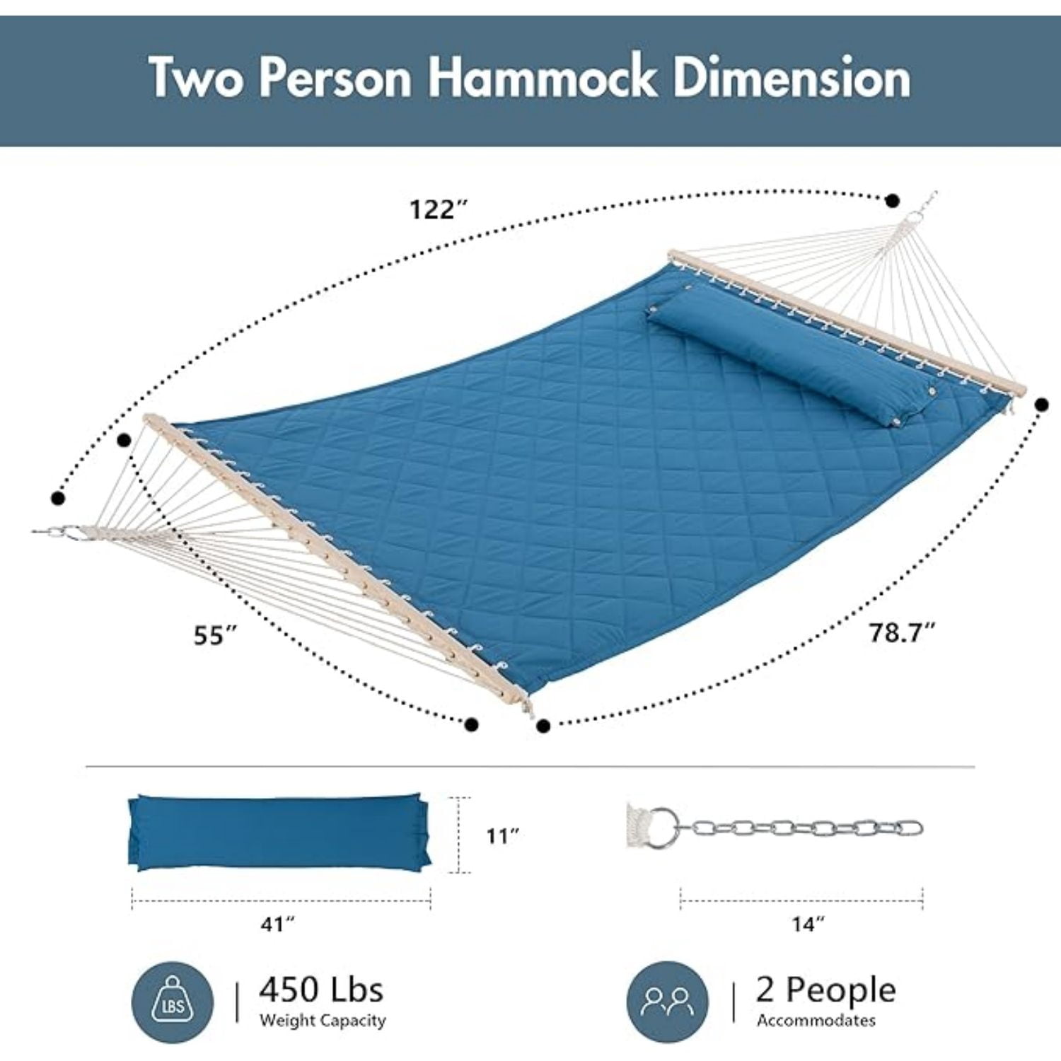 Quilted Hammock with Spreader Bars and Detachable Pillow, Large Hammock for Outdoors Indoors, 450 LBS Weight Capacity, Blue