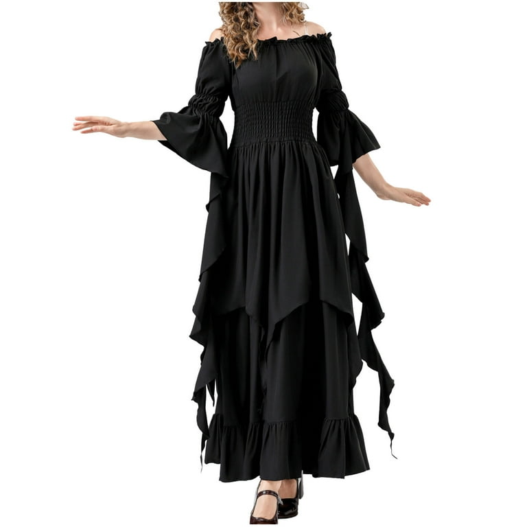 WXLWZYWL Victorian Dress Renaissance Costume Women Gothic Witch Dress  Medieval Wedding Dress Off Shoulder Flowy Dress - Walmart.com