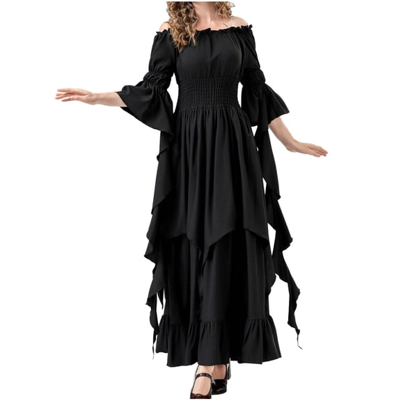WREESH Halloween Dress Women's Fashion Solid Color Long Sleeve Off-The-Shoulder Ankle Dress Black