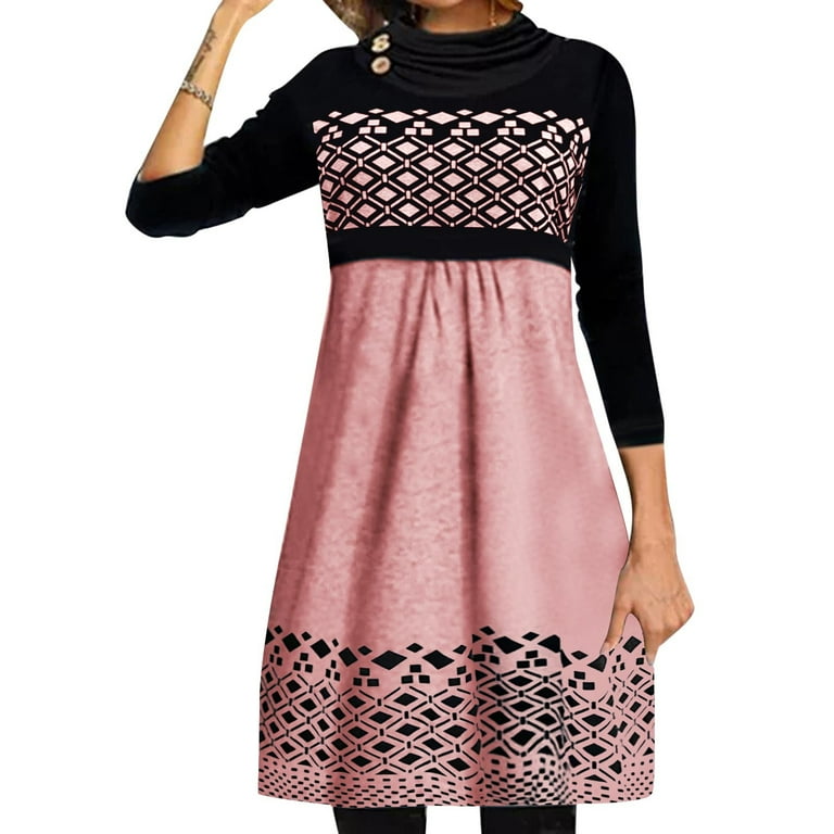 Dresses for Women Ladies Long Sleeve Scarf Collar Dress Colorblock