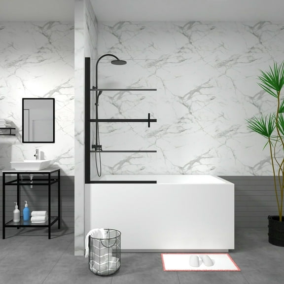 Yardi Yarda Bathtub Screen Panel Shower Door 180° Pivot, Shower Door with 0.635 in Tempered Glass, Black