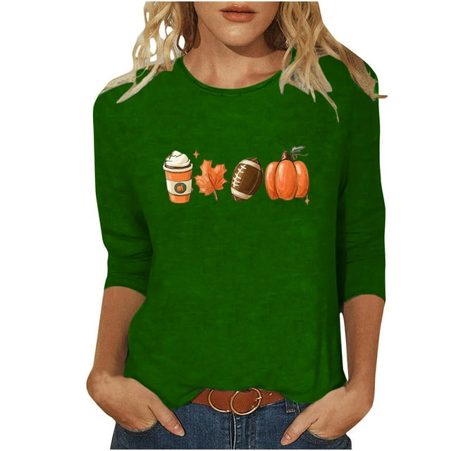 KIHOUT Hauts en Liquidation, Chemises à Manches 3/4 pour Femmes Blouse Imprimée Graphique d'Automne Col Rond T-shirts Décontractés Amples Chandails en Molleton Blouse