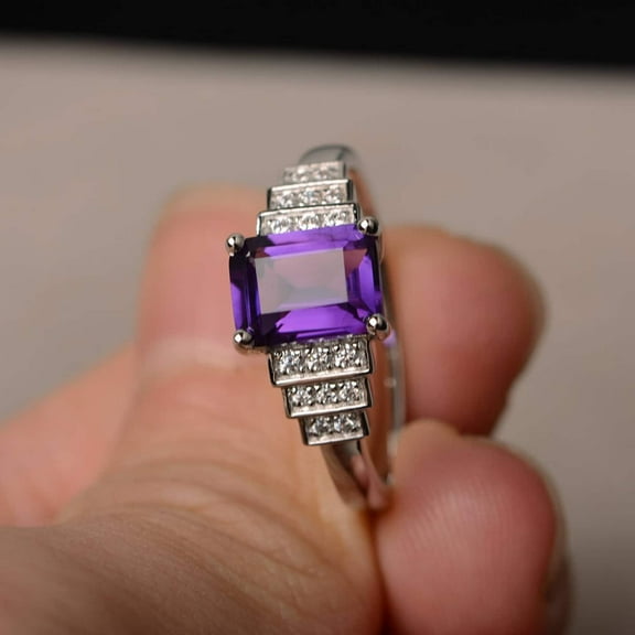 February Birthstone Natural Amethyst Ring Wedding Ring Emerald Cut Purple Gemstone Sterling Silver Ring