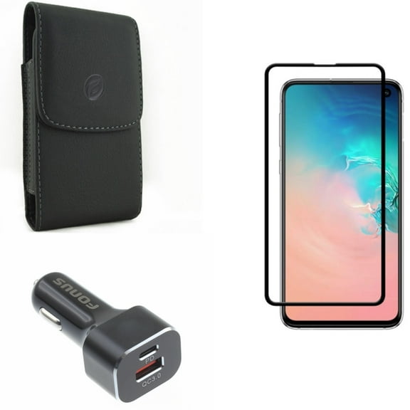 Galaxy S10e Quick Car Charger w Case Belt Clip w Screen Protector - 36W 2-Port USB Type-C PD, Leather Holster Cover, Tempered Glass 5D Curved Edge for Samsung Galaxy S10e Phone
