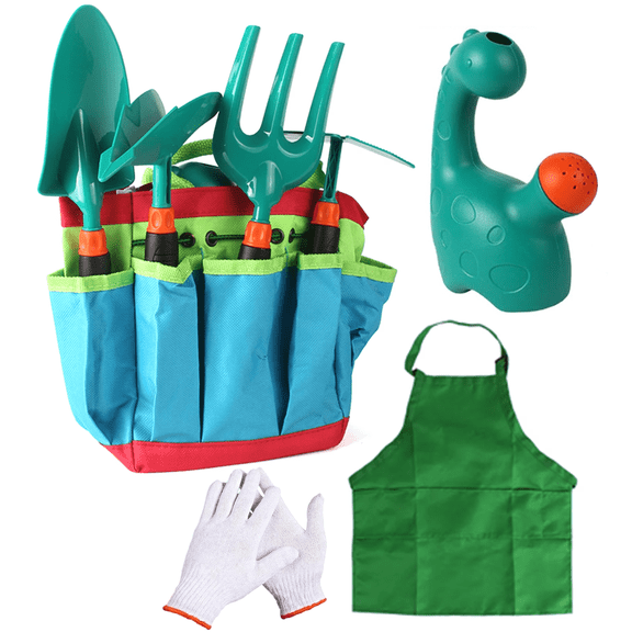 Richgv Kids Gardening Tools Set, 8 Pcs Garden Tools Kit with Watering Can Rake Fork Shovel Apron Storage Bag, Outdoor Toys Gifts for Boys Girls 3-8