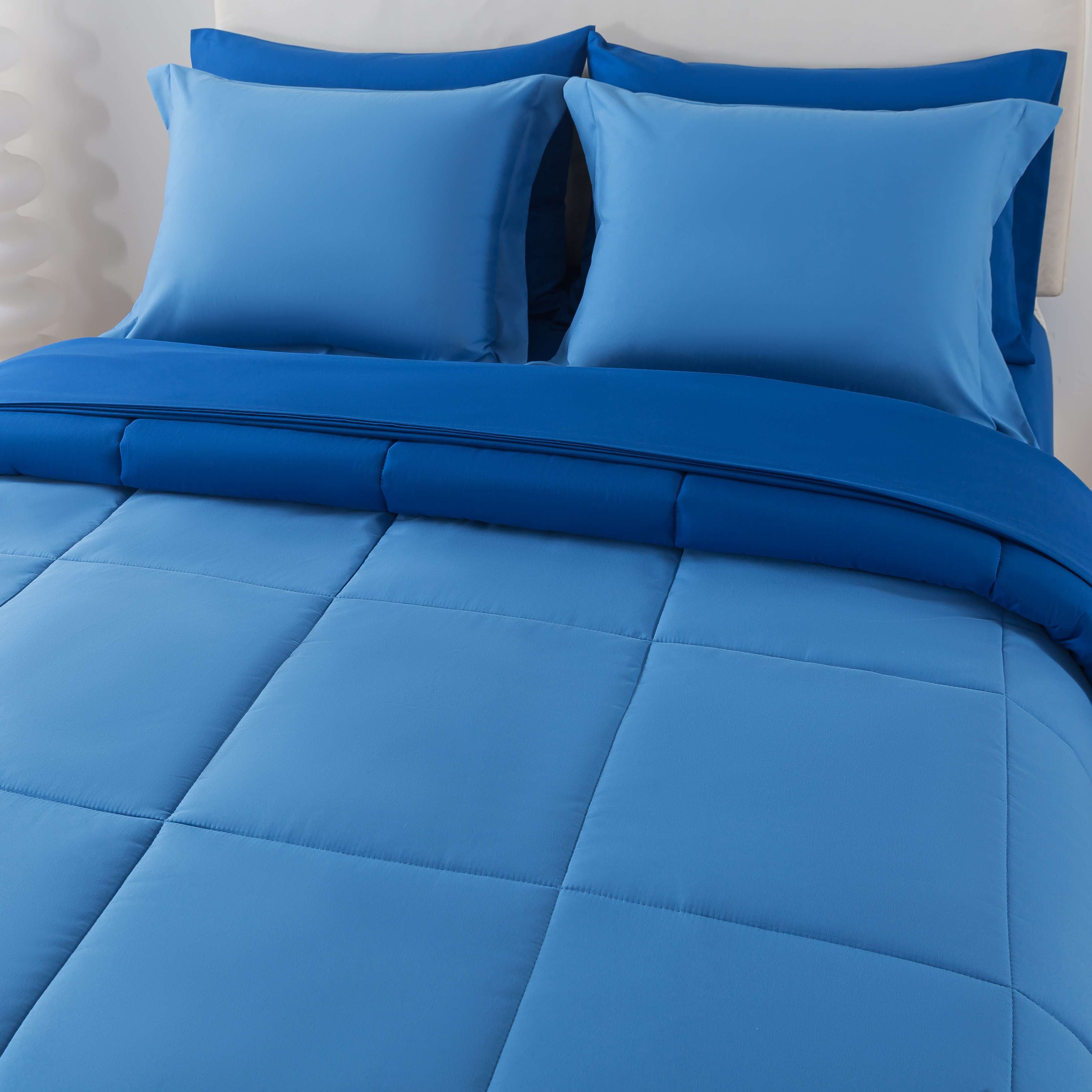 Mainstays 7-Piece Reversible Bed in a Bag with Laundry Tote, Solid Blue, King