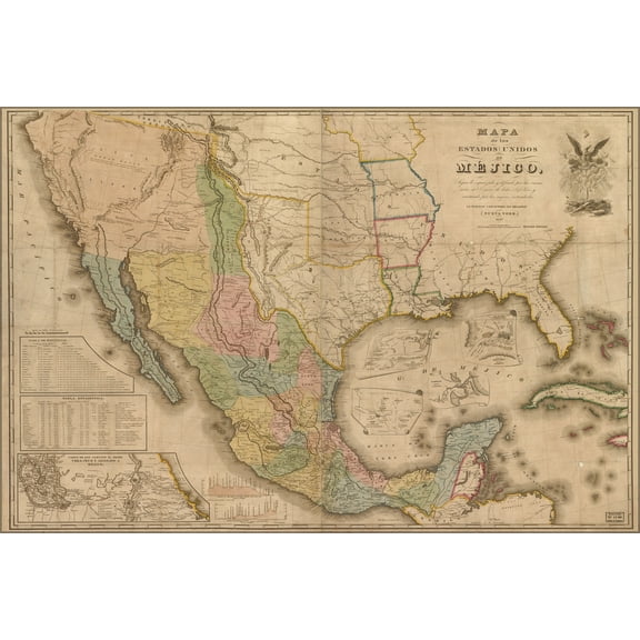 24"x36" Gallery Poster, map of mexico 1847 in spanish