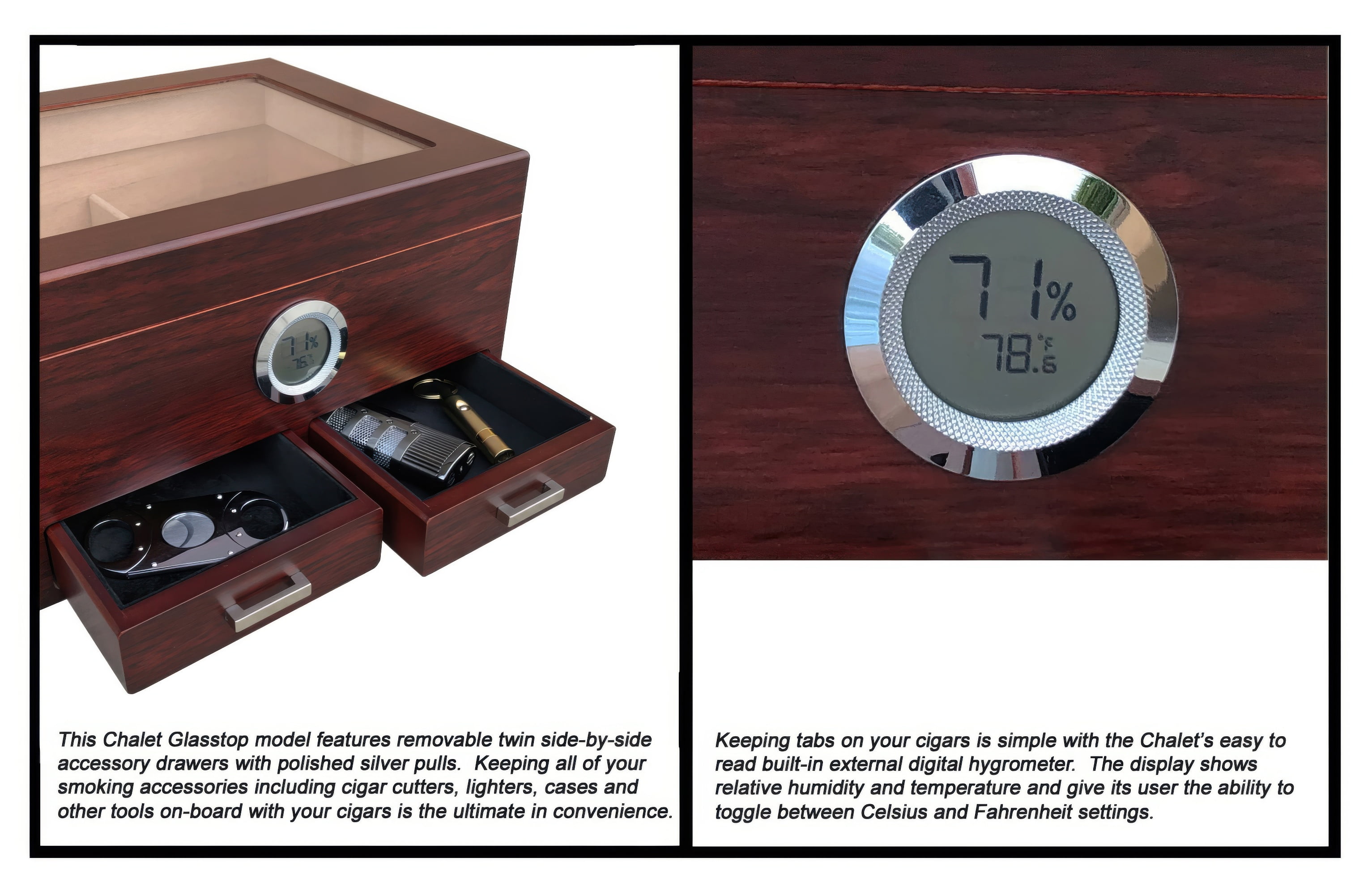 Prestige Import Group Chalet Glass Top Cigar Humidor with Digital Hydrometer & 2 Storage Drawers - 25 to 50 Capacity - Color: Cherry