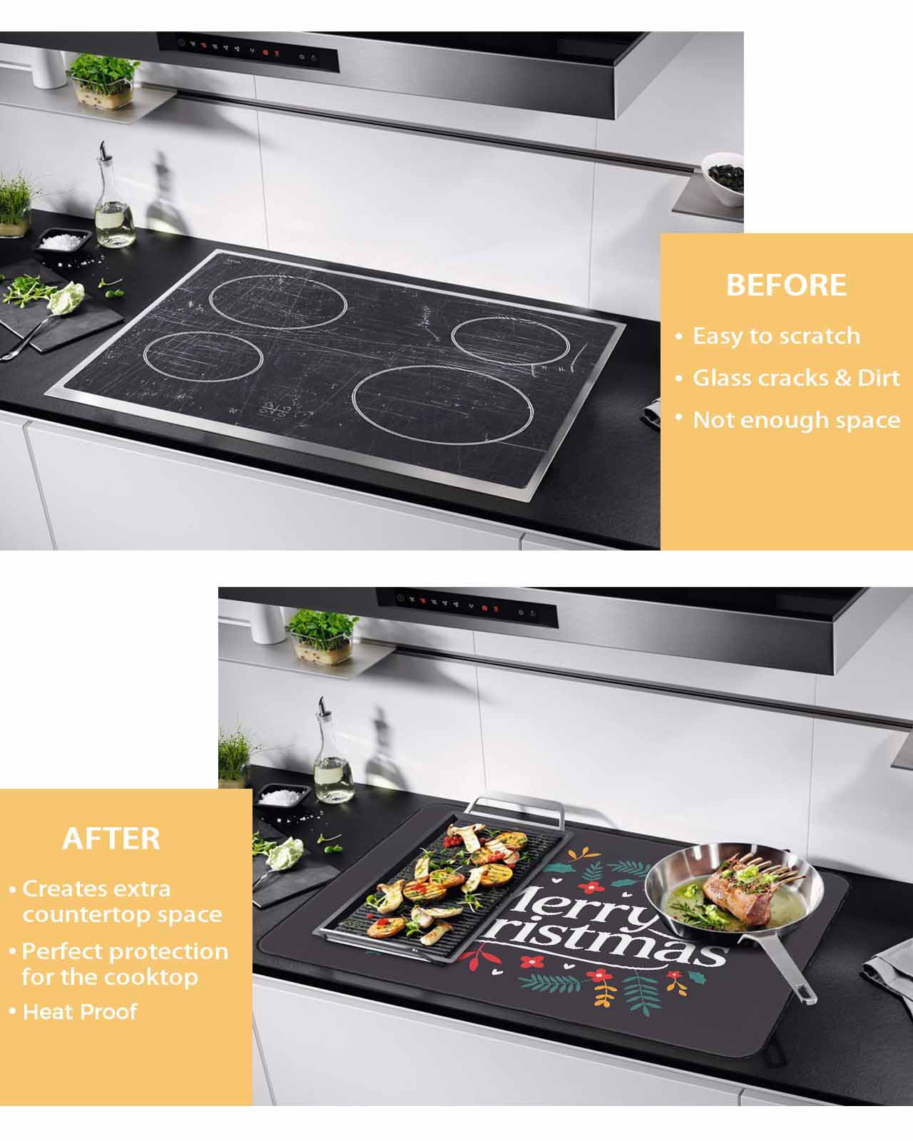 Large Induction Cooktop Protector Mat Merry Christmas Stove Top Covers for Electric Stove, Xmas Winter Holly Berries Plant Decorative Stove Burner Cover Mats, Glass Top Stove Cover