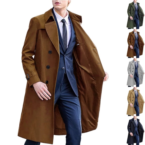Men's Classic Fit Double Breasted Trench Coat Windproof Dress Overcoat Long Duster Jacket for Business Casual Formal Daily Wear Fall Winter, Brown, XL