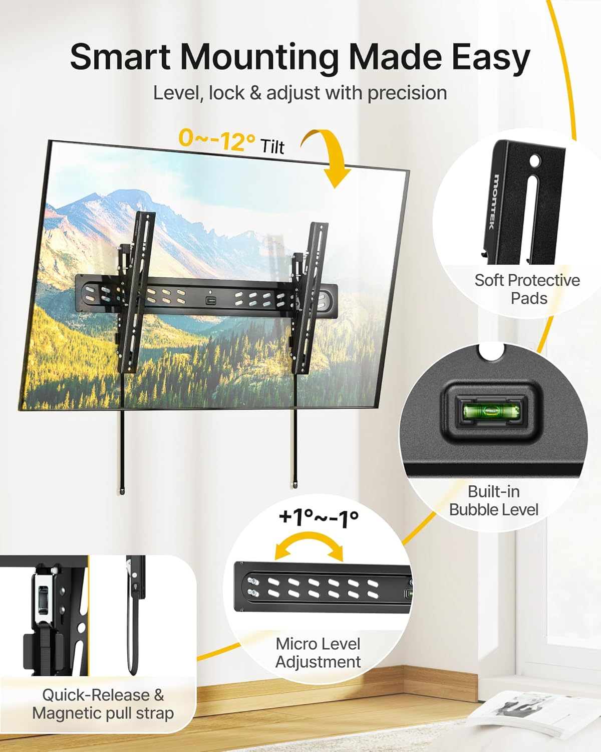 monTEK Ultra Slim Tilting TV Wall Mount Bracket for 43–95" Flat & Curved TVs – 1.2" Low Profile, Anti-Glare Tilt, Holds 150 lbs, Supports VESA 800x400, Fits 16"/18"/24"/32" Studs