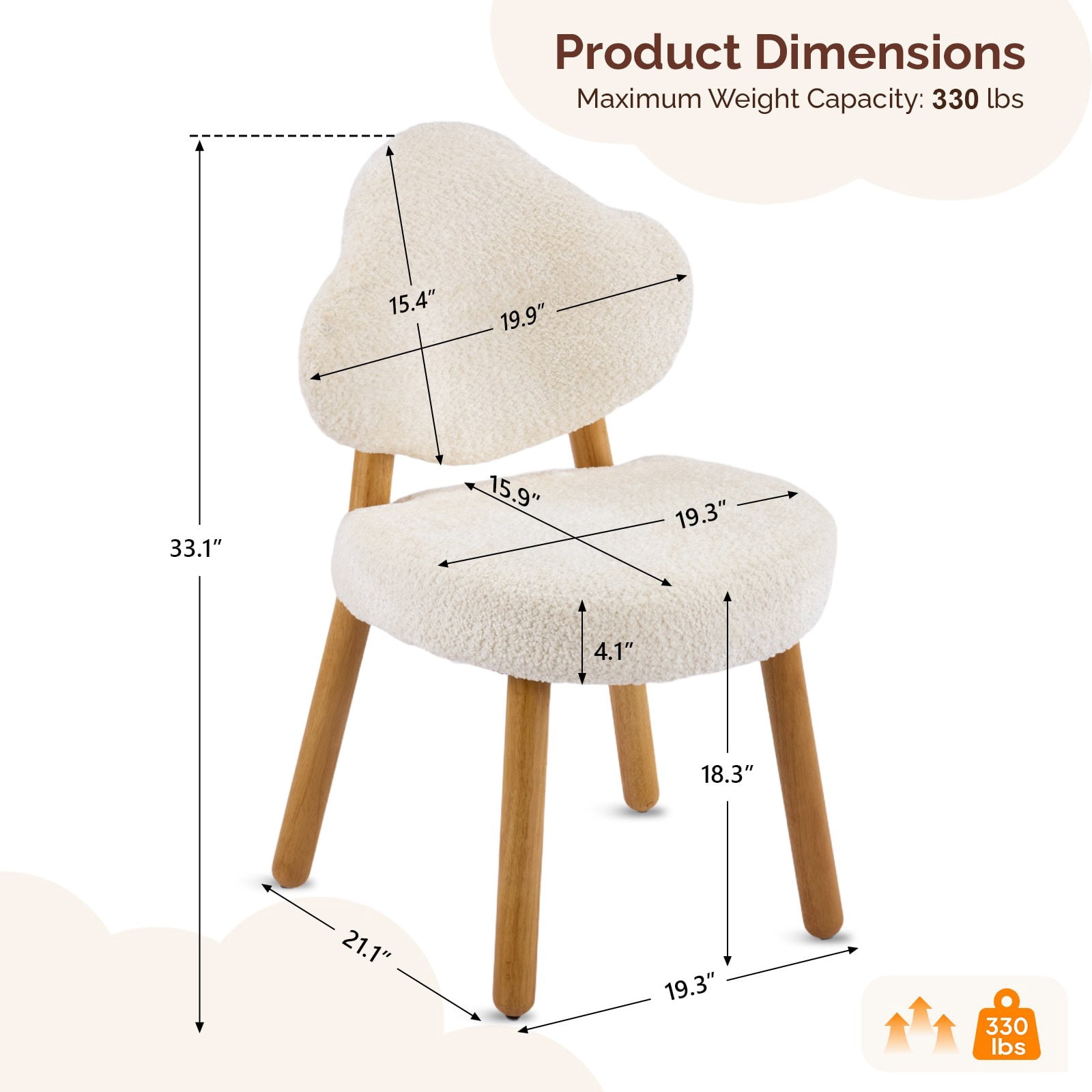 Ktaxon Blended Chenille Armless Vanity Chair Cloud Backrest Desk Chair, Rubber Wood Makeup Chair for Bedroom Living Room Office Reading Room Beige